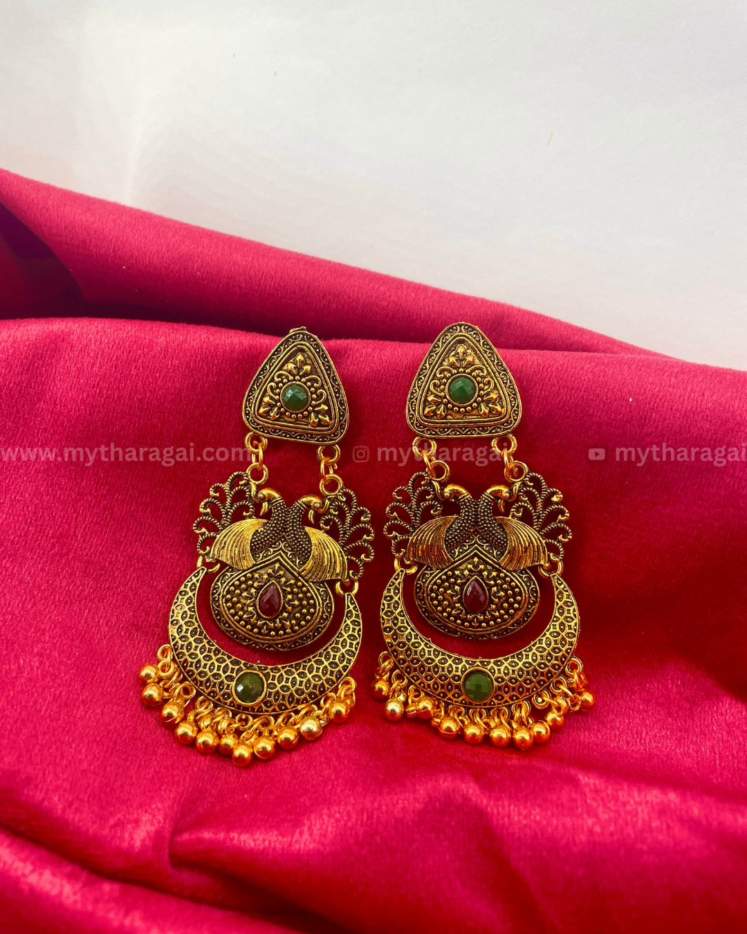 Couple Peacock Earrings with Beads | Handcrafted Temple Jewelry – Tharagai