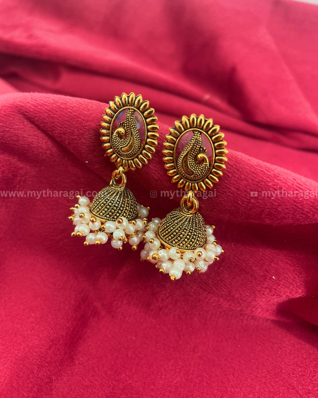 Antique Earrings with White Beads | Handcrafted Temple Jewelry – Tharagai