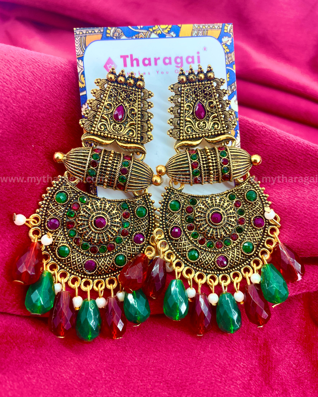 Traditional Antique Earrings with Colourful Beads | Temple Jewelry – Tharagai
