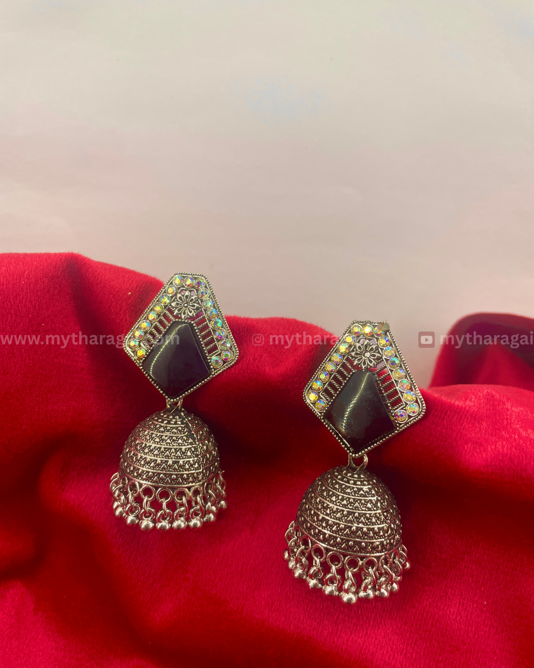 Silver Oxidised Jhumka with Black Design & Beads | Ethnic Earrings – Tharagai