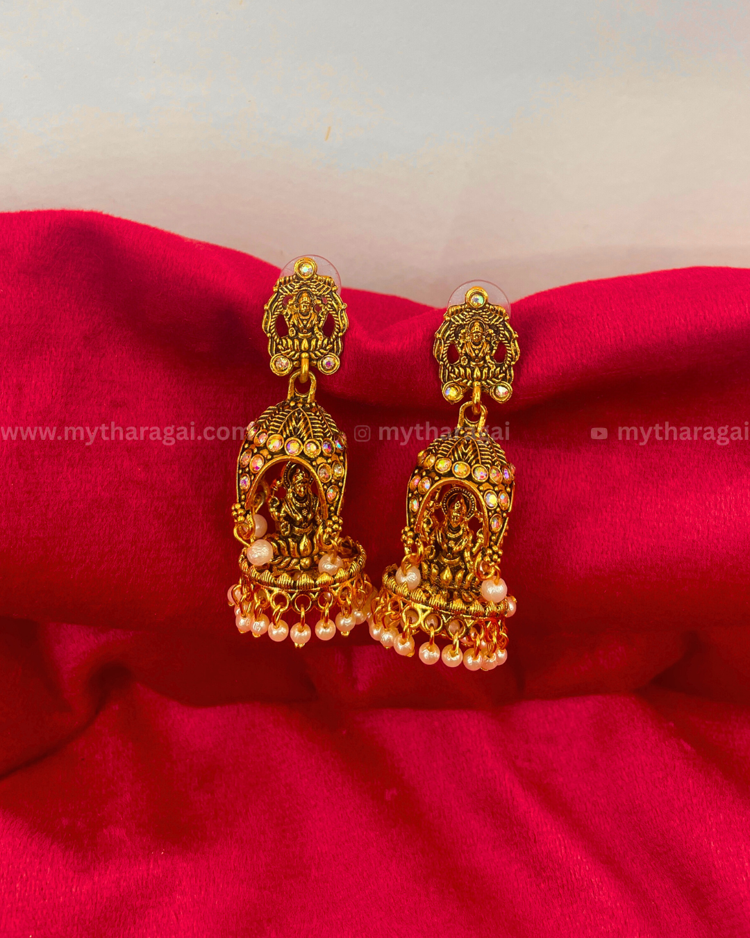 Antique Lakshmi Temple Jhumka with Pearls | Traditional South Indian Earring - Tharagai