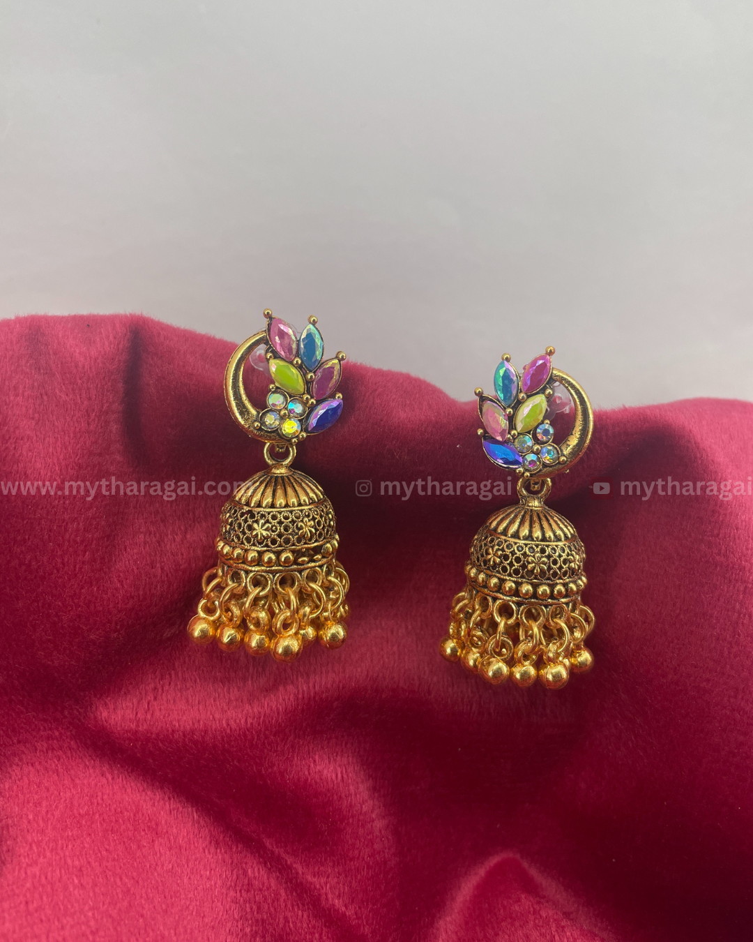 Golden Jhumka Earrings with Multicolor Stones & Golden Pearls – Traditional Jewelry by Tharagai