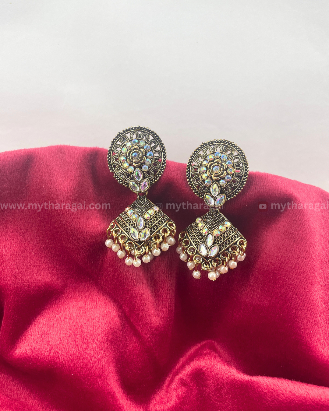 Antique Oxidised Earrings with Stones & Beads – Traditional Boho Jewelry by Tharagai