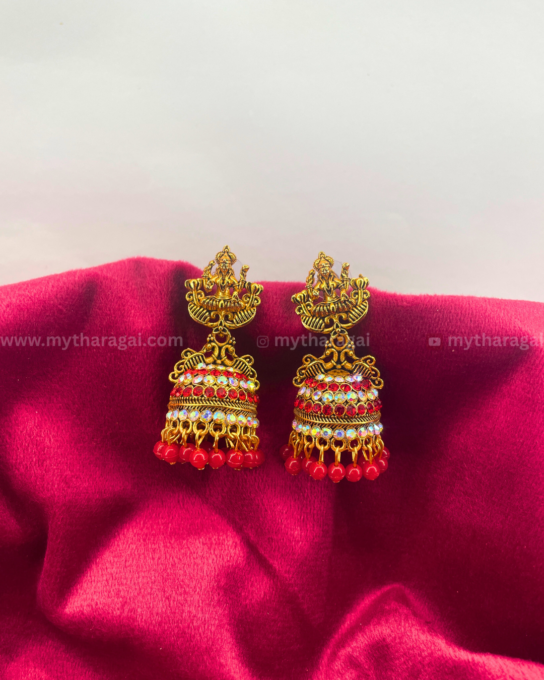 Lakshmi Earrings with Green Stone & Beads | Temple Jewelry – Tharagai