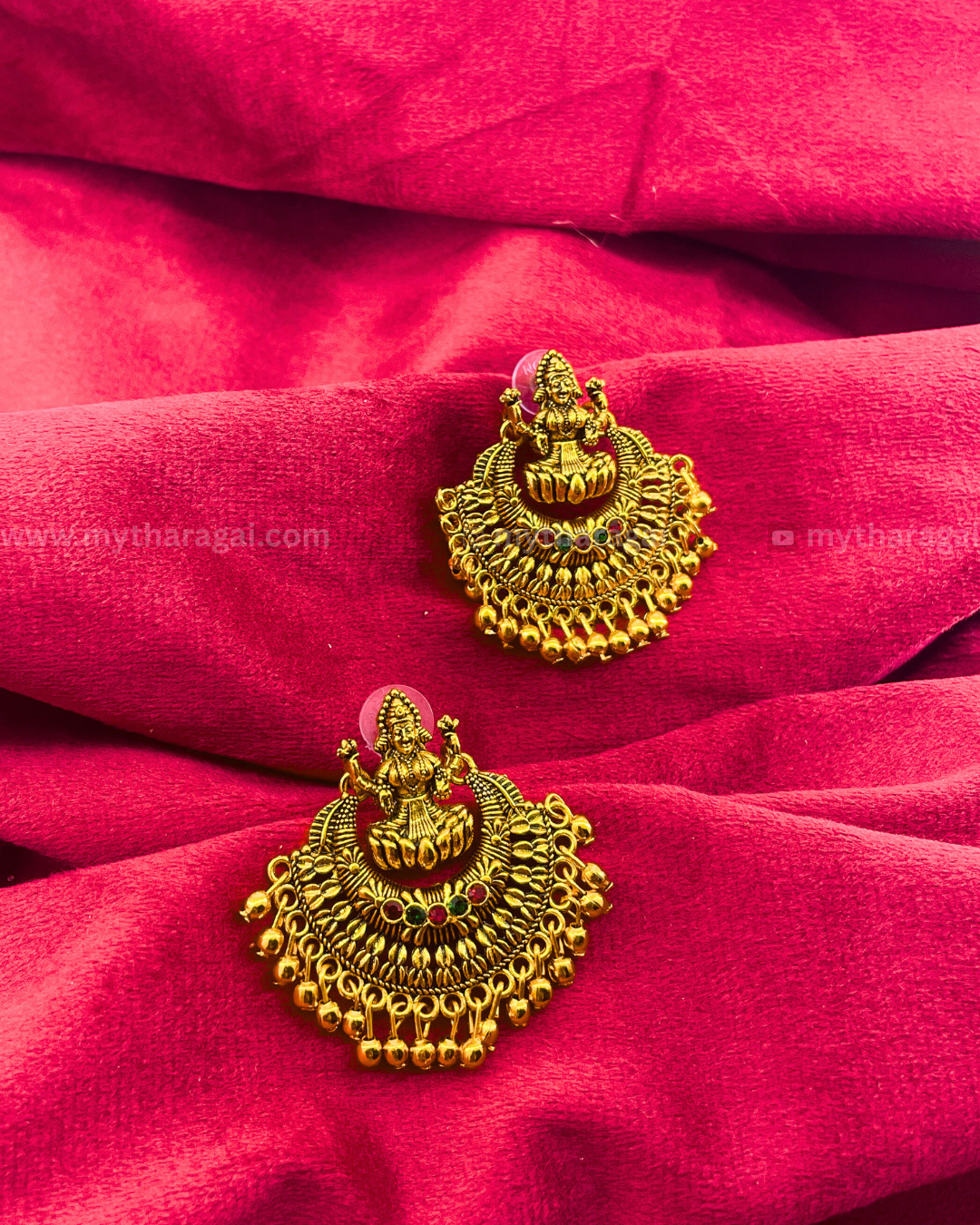 Antique Laxmi Earrings with Multicolor Stones & Golden Pearls – Traditional Temple Jewelry by Tharagai