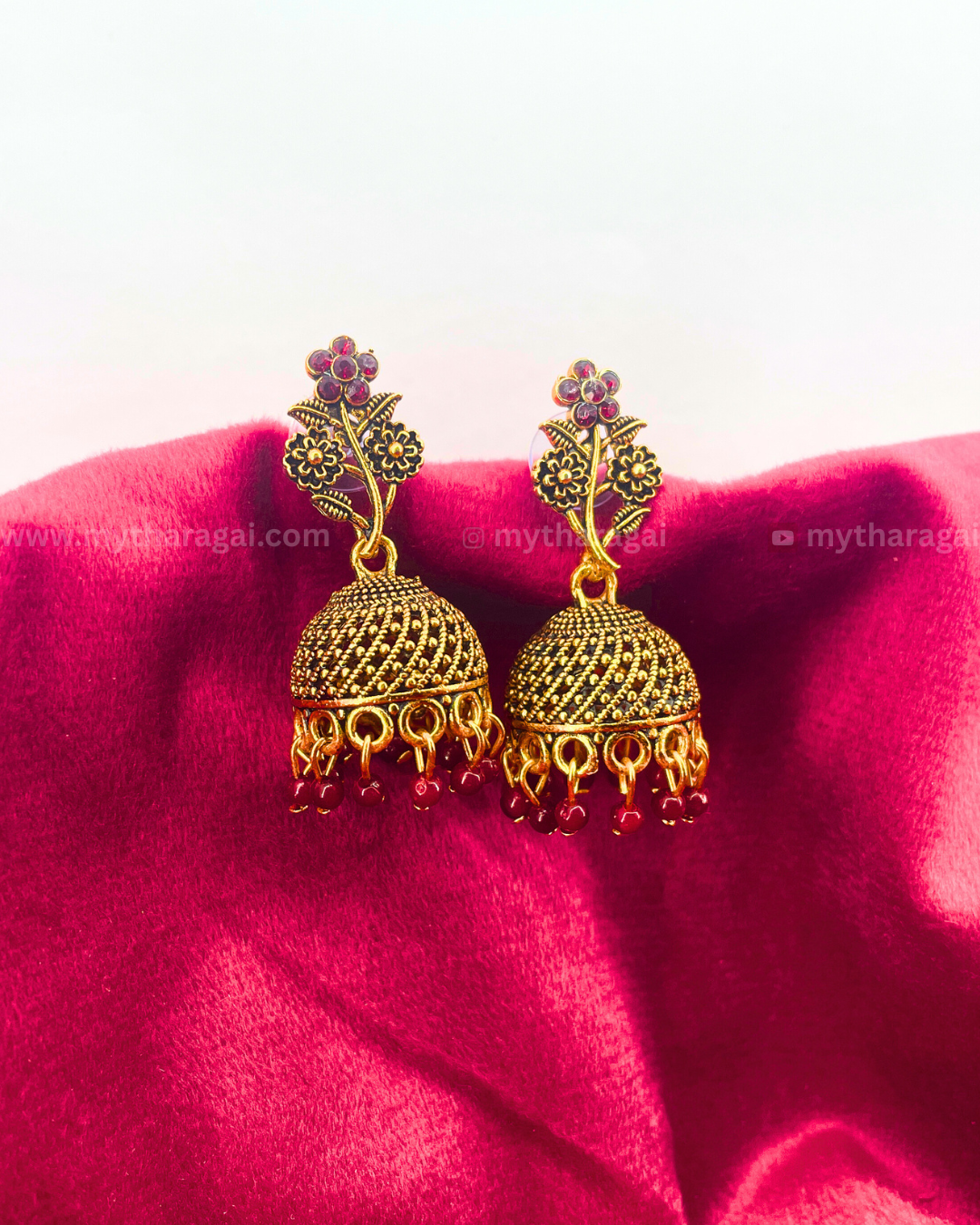 Antique Floral Jhumka with Pearls – Traditional Designer Earrings by Tharagai