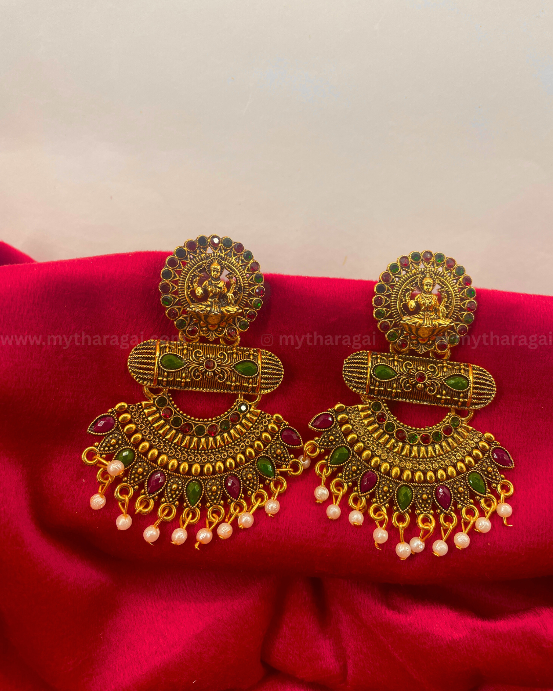 Antique Designer Lakshmi Earrings with Pearls & Multicolor Stones – Traditional Temple Jewelry by Tharagai