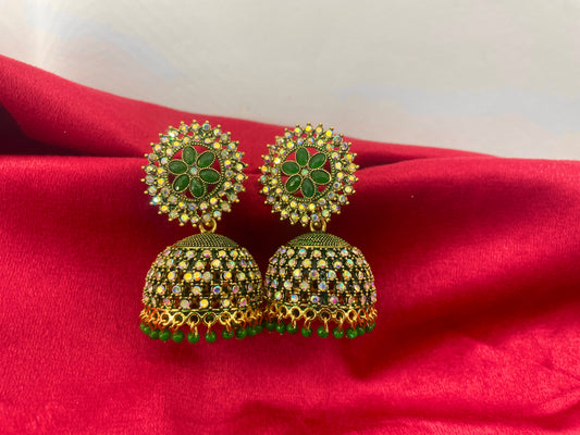 Green Jhumka Earrings | Handcrafted Imitation Jewelry by Tharagai