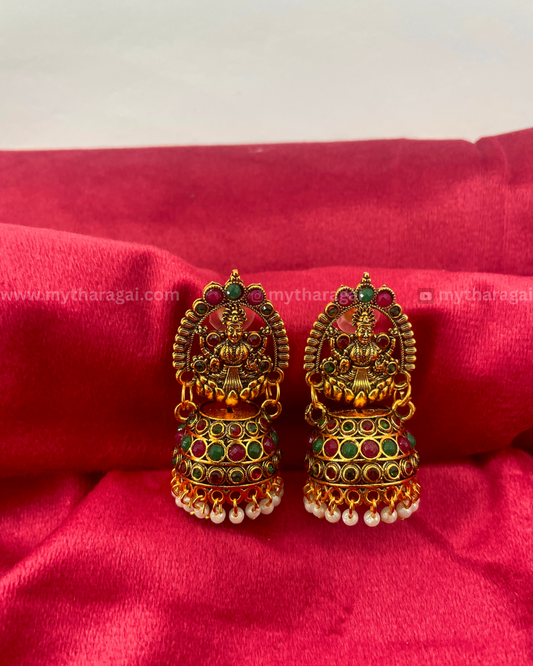 Laxmi on Lotus Temple Jhumka | Antique Traditional Earrings – Tharagai