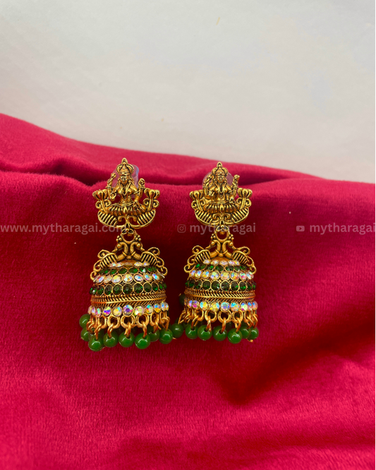 Lakshmi Earrings with Green Stone & Beads | Temple Jewelry – Tharagai