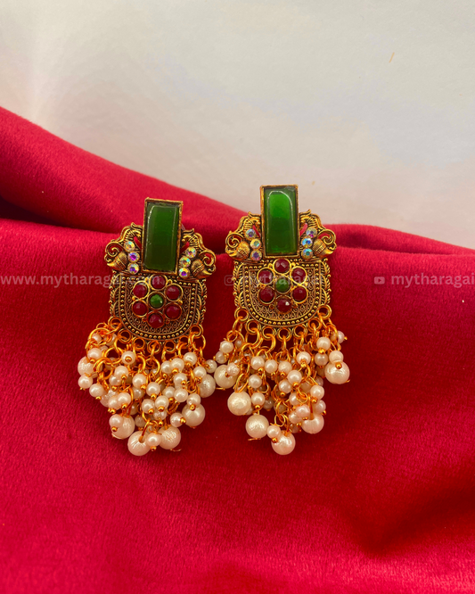 Green Stone Antique Earrings with White Beads | Antique Earrings – Tharagai
