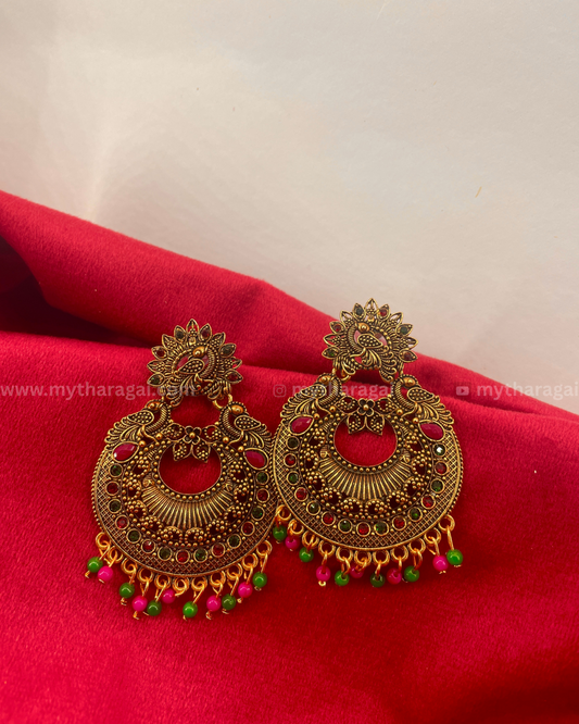 Triple Peacock Earrings with Colorful Beads | Ethnic Jewelry – Tharagai