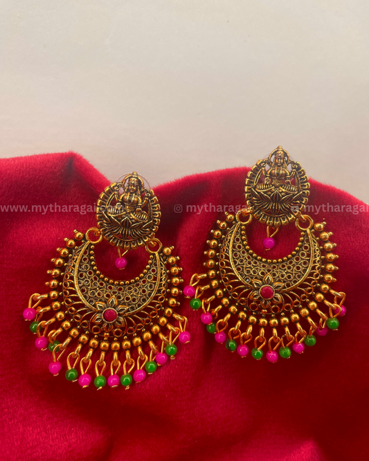 Antique Laxmi Earrings with Pink & Green Beads | Temple Jewelry – Tharagai