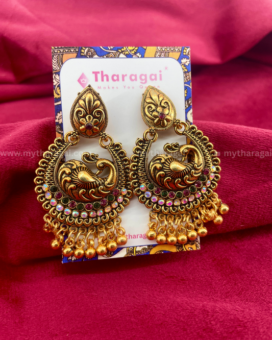 Antique Peacock Earrings with Golden Beads | Traditional Jhumka – Tharagai