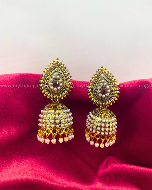 Golden Jhumka Earrings with White Beads | Traditional Jewelry – Tharagai
