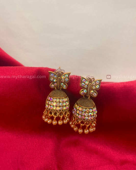 Golden Butterfly Jhumka with Stones & Beads | Elegant Ethnic Earrings – Tharagai