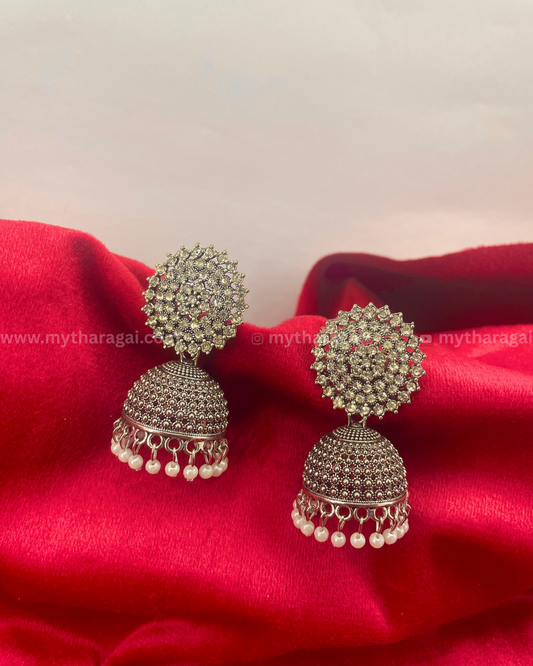 Silver Oxidised Stone Jhumka | Traditional Ethnic Earrings – Tharagai