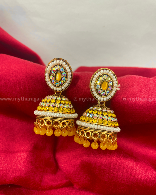 Golden Antique Jhumka with Yellow & White Beads | Traditional Earrings – Tharagai