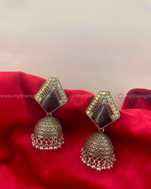 Silver Oxidised Jhumka with Black Design & Beads | Ethnic Earrings – Tharagai