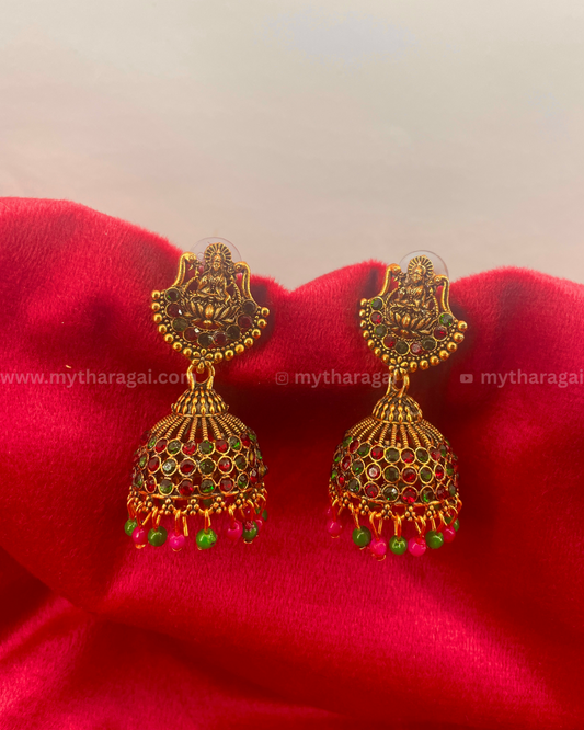 Tharagai Antique Lakshmi Jhumka with Multicolor Stones & Pearls | Traditional Temple Jewelry Earrings