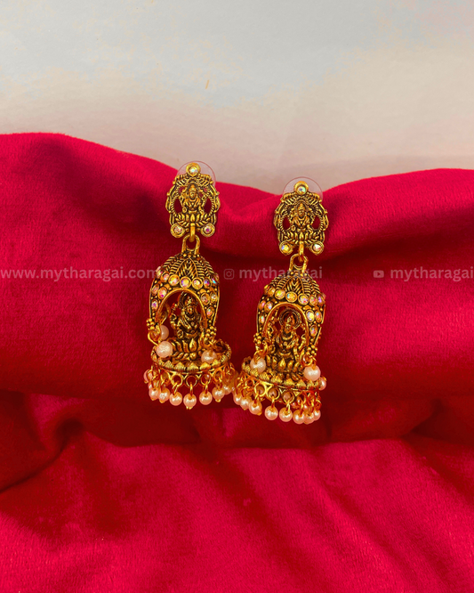 Antique Lakshmi Temple Jhumka with Pearls | Traditional South Indian Earring - Tharagai