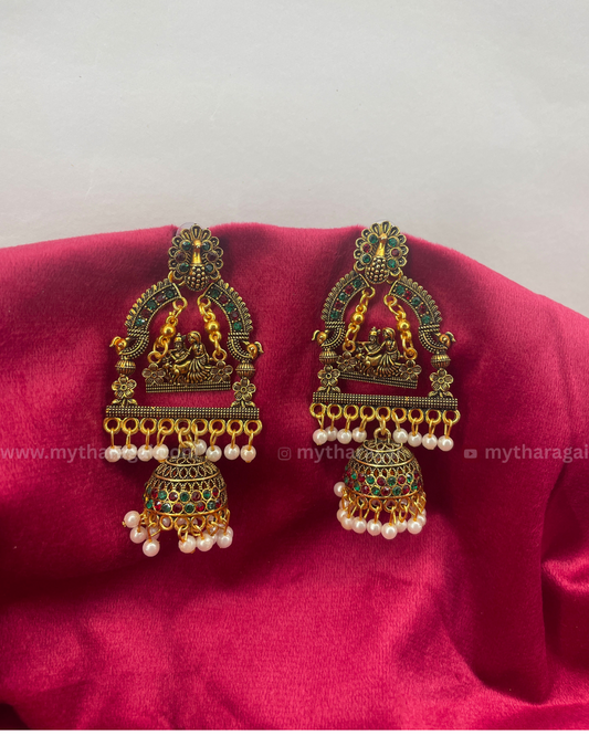 Tharagai Antique Radha Krishna Swing Peacock Jhumka with Pearls | Traditional Temple Jewelry Earrings
