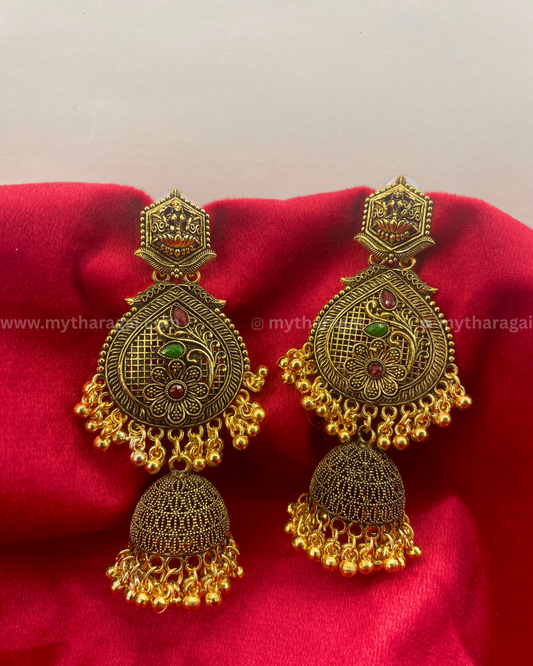 Lakshmi Long Jhumka Earrings | Temple Jewelry Handcrafted – Tharagai