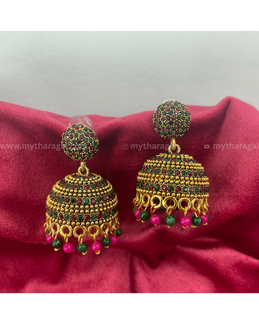 Antique Jhumka Earrings with Multicolor Stones & Pearls – Traditional Designer Jewelry by Tharagai