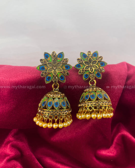 Peacock Feather Jhumka with Pearls | Traditional Temple Jewelry Earrings | Tharagai