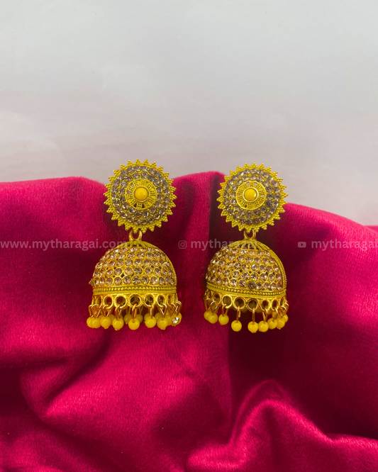 Elegant Yellow Jhumka Earrings with Stones & Yellow Pearls – Designer Jewelry by Tharagai