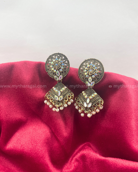 Antique Oxidised Earrings with Stones & Beads – Traditional Boho Jewelry by Tharagai
