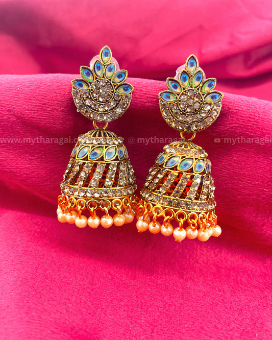 Peacock Feather Earrings with Stones & Pearls – Luxurious Designer Jewelry by Tharagai