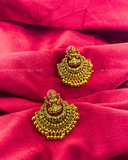 Antique Laxmi Earrings with Multicolor Stones & Golden Pearls – Traditional Temple Jewelry by Tharagai