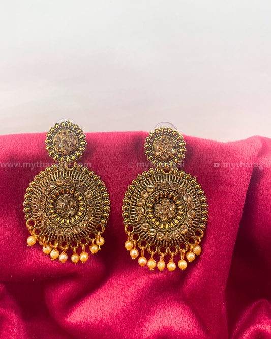 Antique Designer Earrings with Stones & Golden Pearls – Luxurious Traditional Jewelry by Tharagai
