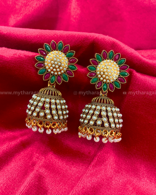 Antique Multicolor Floral Jhumka with White Pearls – Traditional Designer Earrings by Tharagai