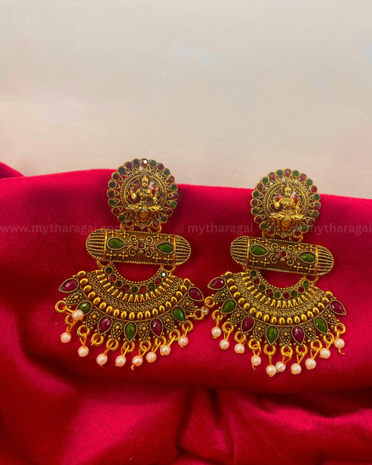 Antique Designer Lakshmi Earrings with Pearls & Multicolor Stones – Traditional Temple Jewelry by Tharagai