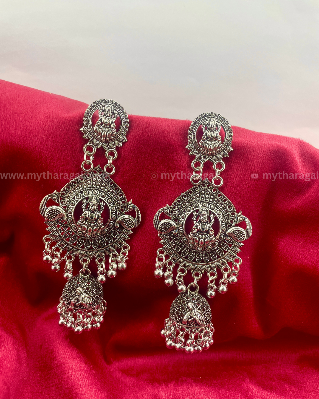Oxidised Lakshmi Long Jhumka Earrings | Temple Style Jewelry – Tharagai