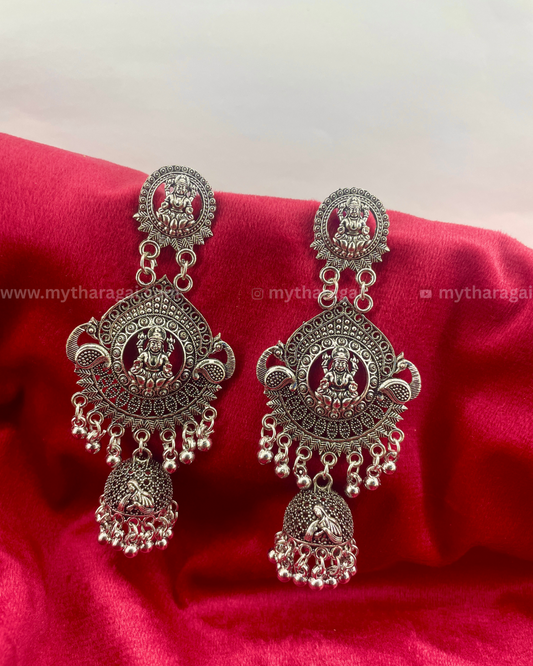 Oxidised Lakshmi Long Jhumka Earrings | Temple Style Jewelry – Tharagai